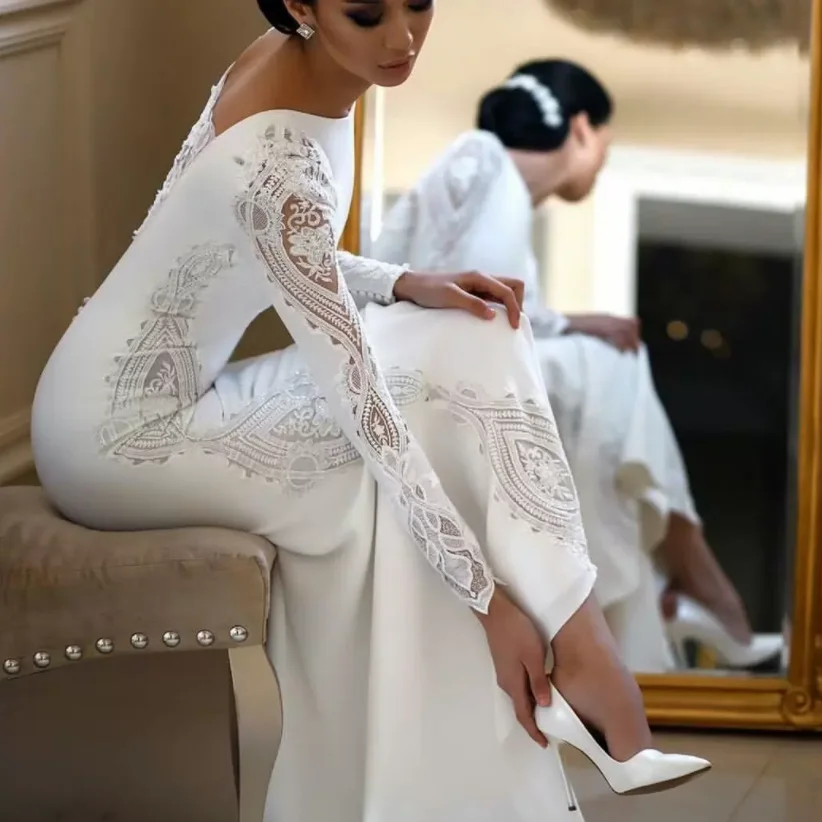 S472a 2022 Bridal Off-shoulder Long-sleeved Simple Retro Satin Tail Women Wedding Dress S472a 2022 Bridal Off-shoulder Long-sleeved Simple Retro Satin Tail Women Wedding Dress