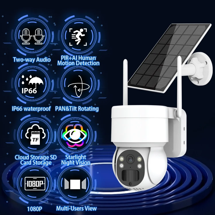 Outdoor Waterproof Low Power Consumption Long Range 360 PTZ HD 1080P IP WIFI Wireless Security System Solar Power Energy  Camera