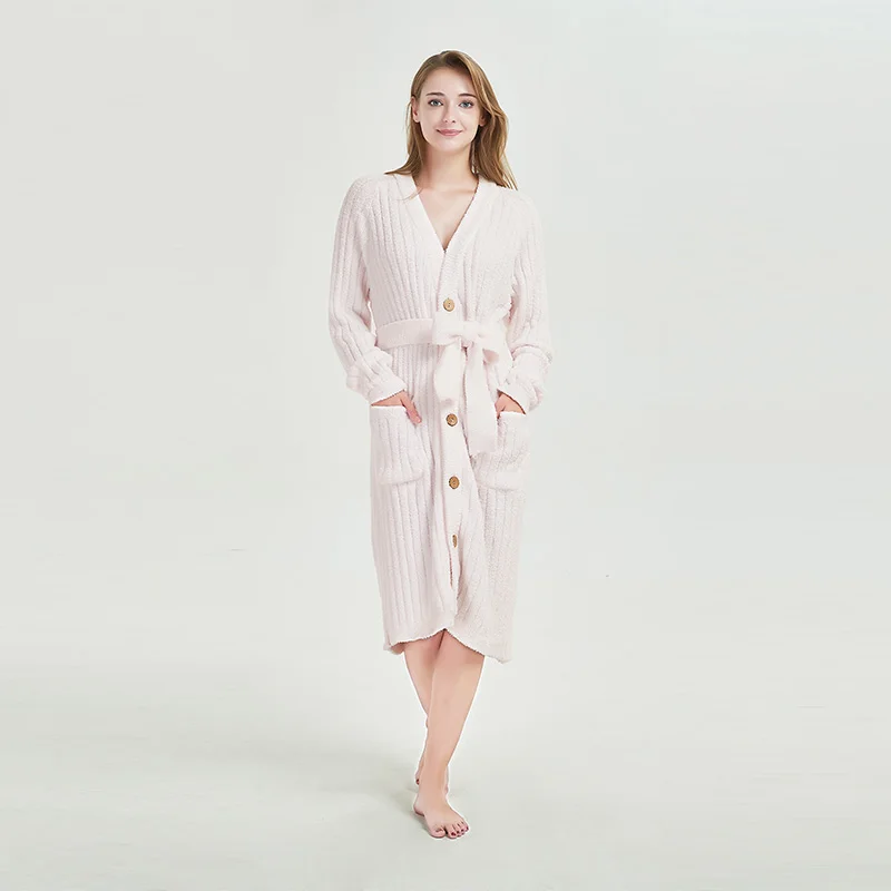 Creative Design Button Knit Pajamas with Belts Home Wear Long Warm Microfiber Robe Dne Sleepwear Women Pajamas Nightwear 2 Piece manufacture