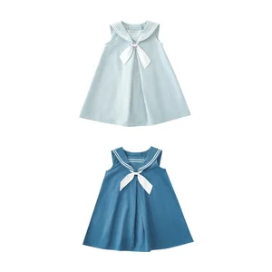 Sweet Sleeveless Summer All-match Navy Style Baby Girls Dresses Wholesale Blue Toddler Girls Dress High Quality Kids Clothing