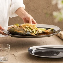 Dark gold glazed silver-plated creative ceramic oval fish plate household dish plate high-end hotel cutlery merchant dinner plat