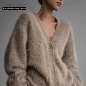 European American Women's Soft Stylish Long-Sleeved Knitted Cardigan Button Decoration 'Lazy Style' for Office Use for Autumn