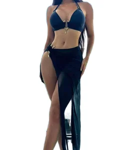 New Arrival Women's 3-Piece Eco-Friendly Print Cut Out Fruit/Geometric Mesh Swimsuit Brazilian Bikini Set Push-Up Bra Front Logo