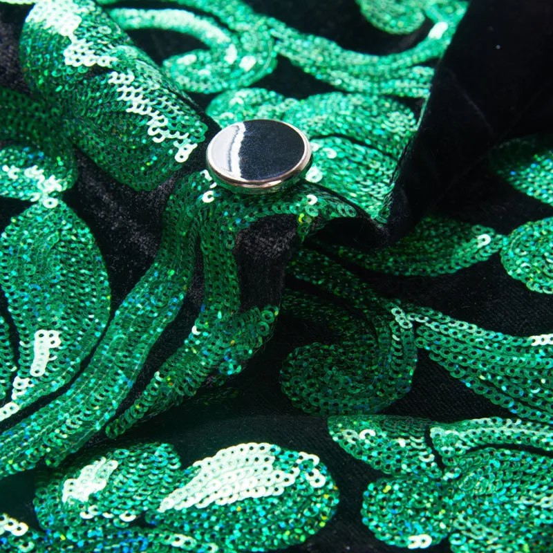 Men Spring Autumn Two Pieces Suits Sequins Velvet Green Floral Sequins Blazers Wedding Prom Stage DJ Singers Suit Jacket