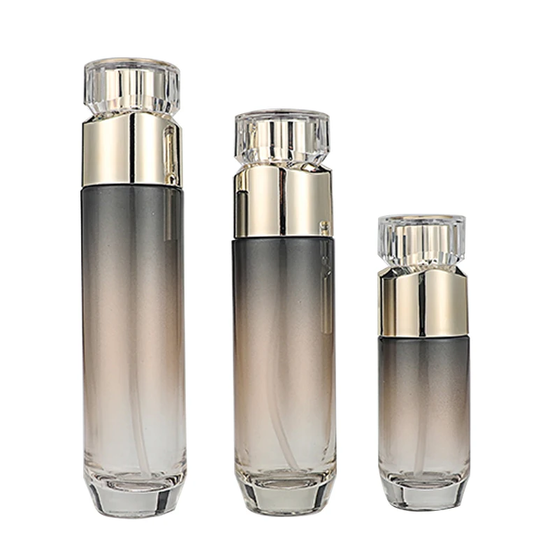 Cosmetic glass bottle set -- skincare cosmetic bottle packaging container manufacturer-Irregular gold cover with pump&spray