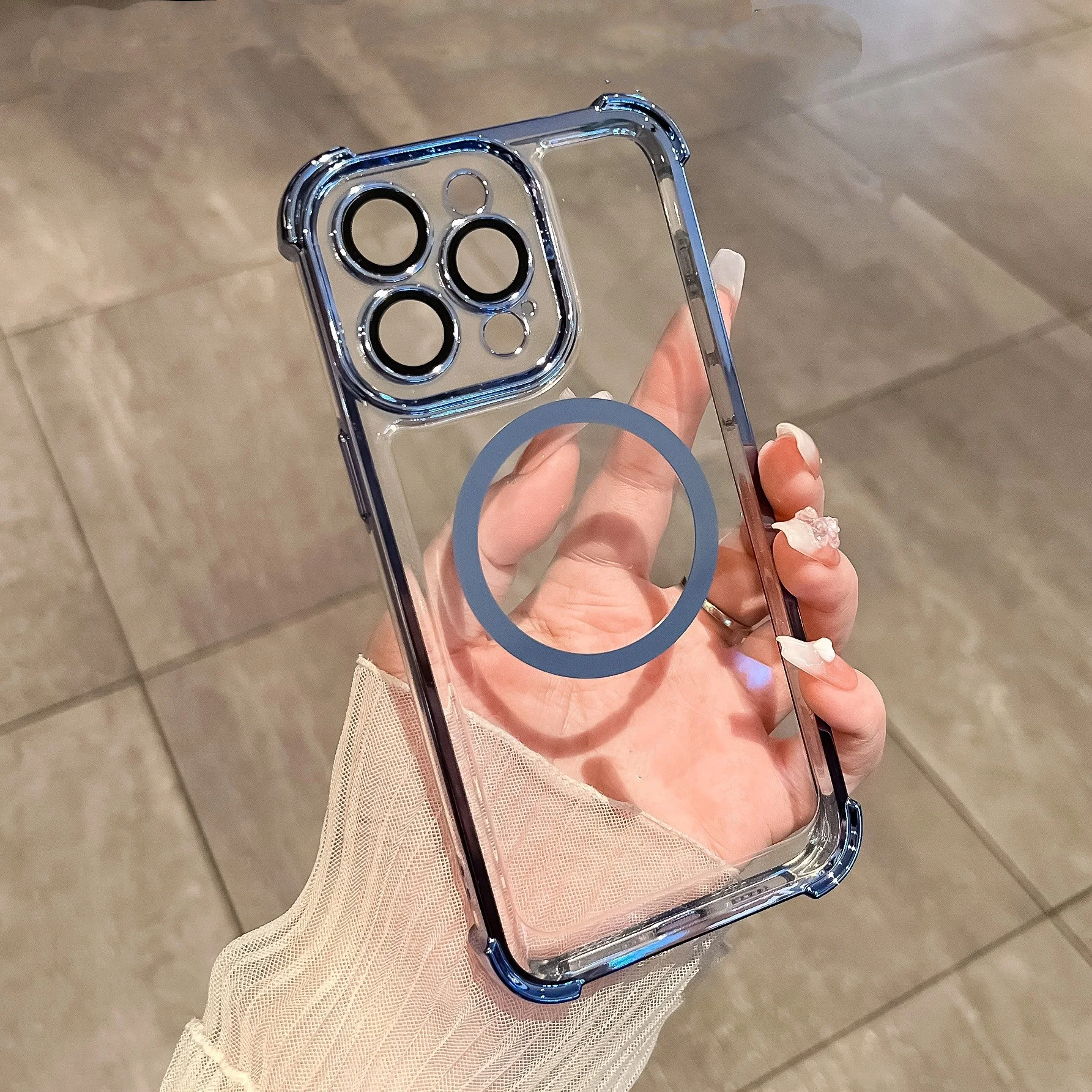 Laudtec OEM Electroplated Corner Airbag Magnetic Suction Tape Lens Film Transparent PC Phone Case For iPhone  16 17 Air Pro Max