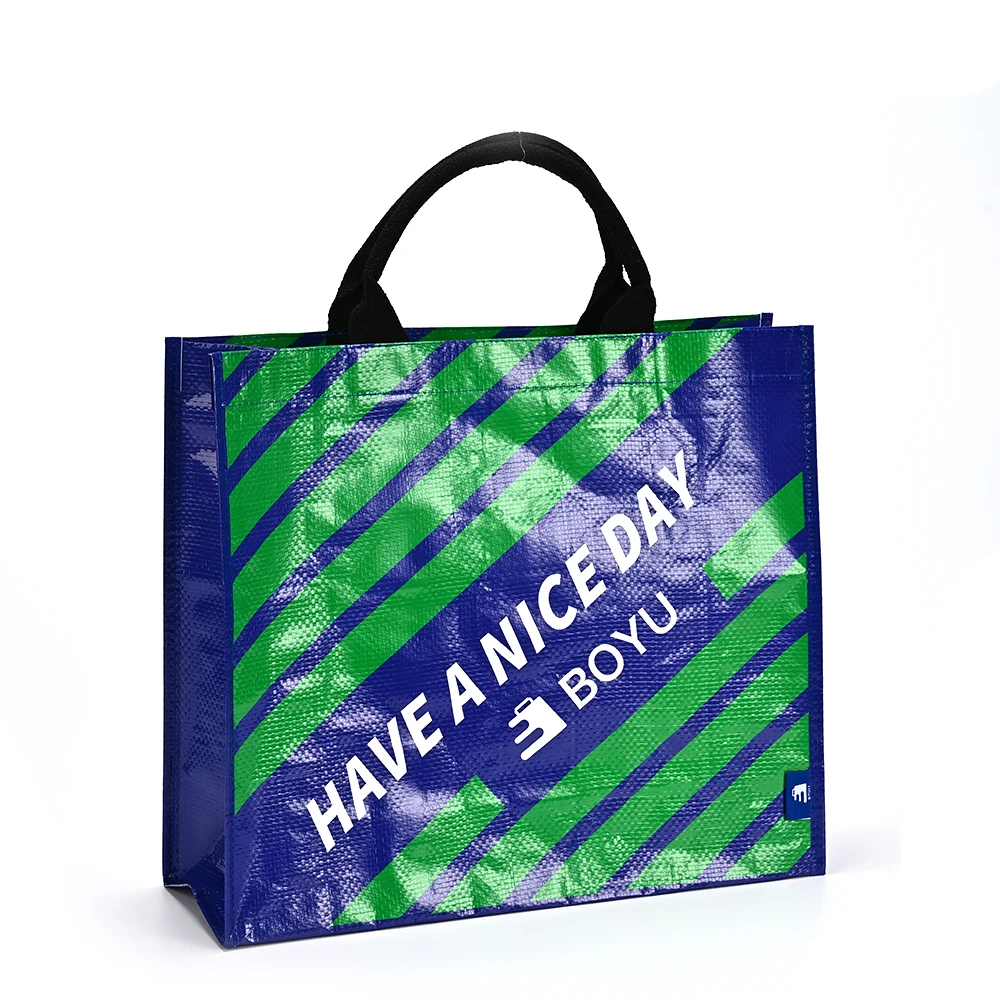 Promotional Grocery Coated Recycled Laminated PP Woven Bag Customized Printing PP Woven Tote Shopping Bag with Double Handle details