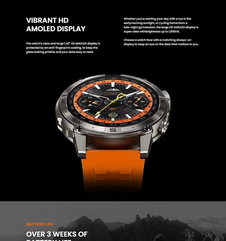 Zeblaze Stratos 2 Plus GPS Smart Watch 1.43'' AMOLED Display Compass Barometric Altimeter Bluetooth Phone Calls Smartwatch