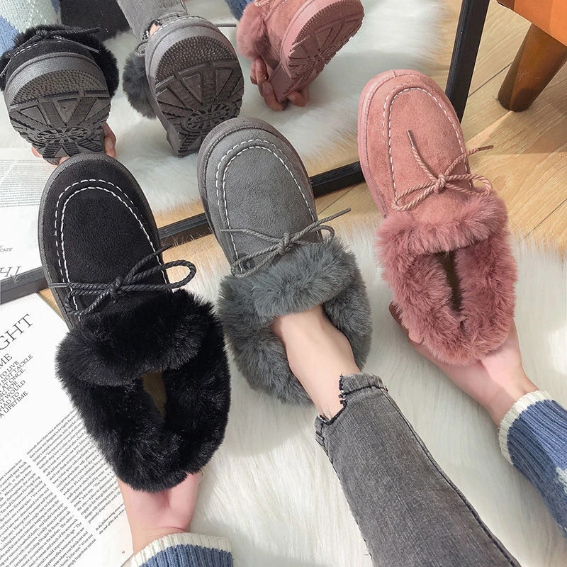 IG Popular Winter Spring PU Leather Shoes Fluffy Ankle Fur Shoes Flat Warm Woman Boot Shoes Stock
