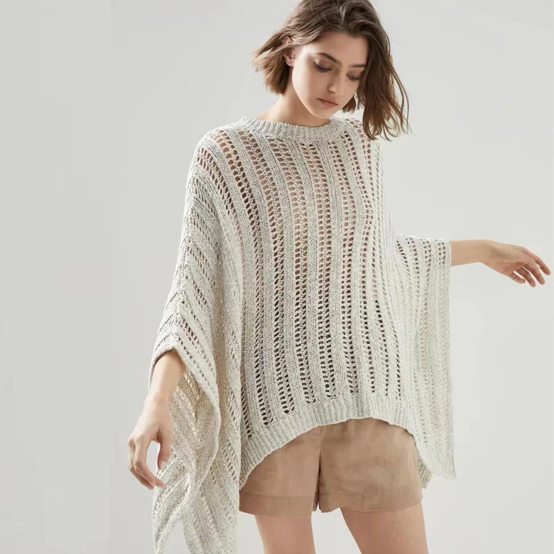 22 new women's clothing autumn slimming BC shiny handmade sequin linen silk knitwear hollow batwing sleeve shawl