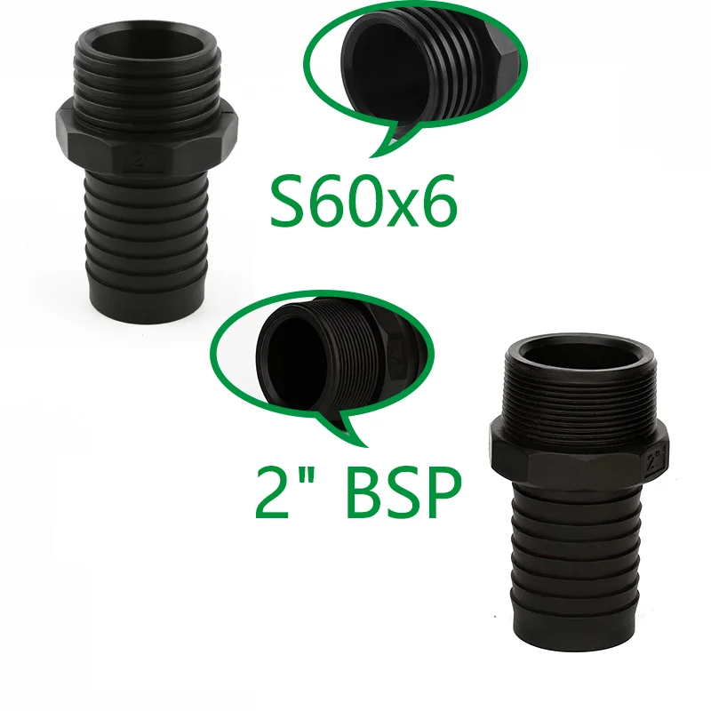 Polypropylene Plastic Black 2" Hose Tail To S60 Male Ibc Fittings Bsp