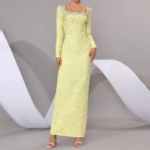 ZYHT 70094 Women Elegant Club Party Maxi Sheath Formal Dress for Ladies Long Sleeve Yellow Bead Diamond Straight Evening Dresses