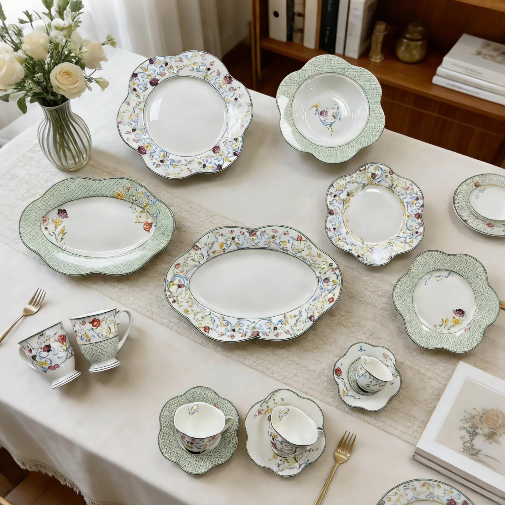 Κλασικό Φλοράτο Σετ Κεραμικών Σκευών για Δείπνο, Βραδινό & Δώρο - Πολύκομμη Ελαφριά Πολυτέλεια Τραπεζαρία