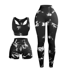 Tie Dye 3 Piece Sets Women's Tight Butt Lifting High Waist Pants with Shorts and Sports Bra  for Sports Workout and Yoga