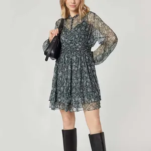 Clothing Manufacturers Custom Spring Summer Autumn Floral Elements Stand Collar Frilled Design Chiffon Women Mini Dress