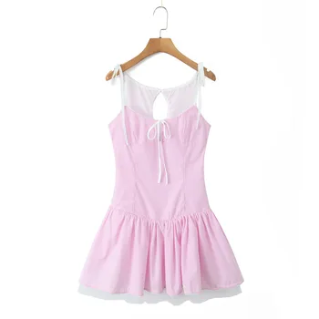 French Sexy Butterfly Knot Stripe Mesh Dress Slim Fit Backless Short Skirt Puffy Skirt Women's Mini Dress Round Neck Sleeveless