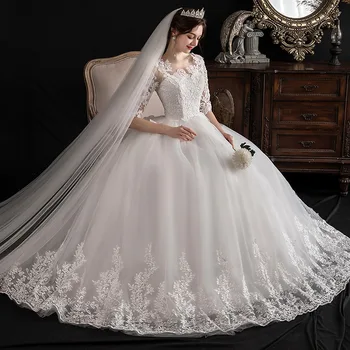 New shoulder lace wedding dress long tail wedding dress large size wholesale wedding dress