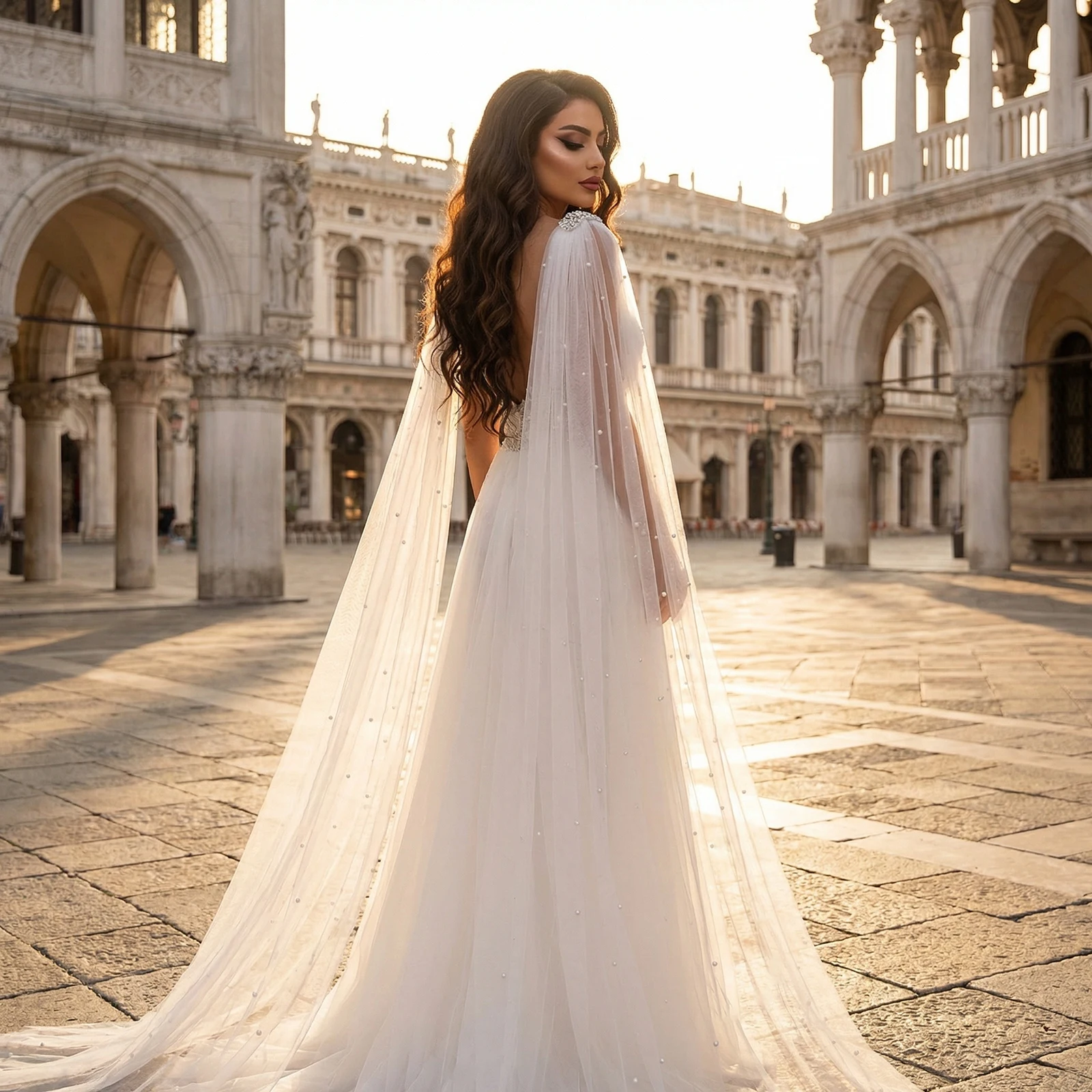YouLaPan VG79 Long Pearl Tulle Shoulder Decoration Removable Women's  Evening Dress Accessories Rhinestone Wedding Dress Cape