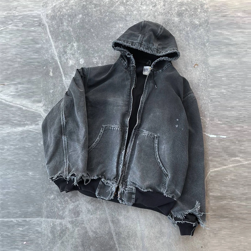Custom High Quality Acid Washed Oversized Distressed Sweatshirt Drawstring Hoodie Hooded Zip up Denim Sun Faded Jacket Hoodie
