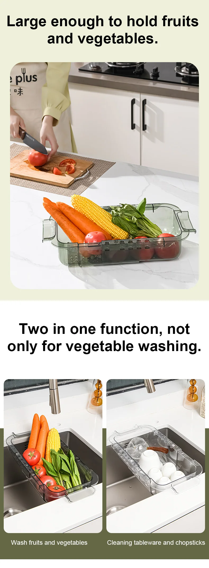 Telescopic Sink Colander Fruits Vegetables Drain Basket, Adjustable Strainer Sink Washing Basket for Kitchen