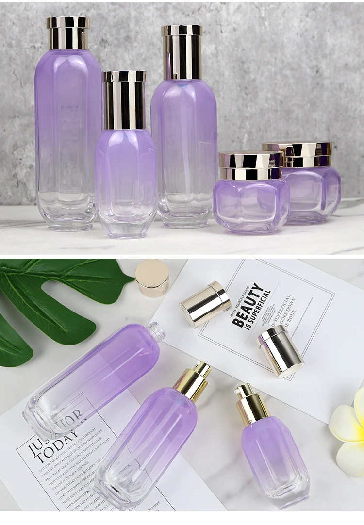 Luxury hexagon 40ml 100ml 120ml 30g 50g essential oil glass containers jar and bottle full set for skin care cosmetics packaging details