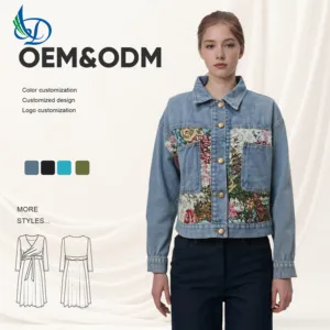 Denim Jacket for Women Long Sleeve Button Closure Jeans Coat Embroidered Lady's Daily Wear for Autumn