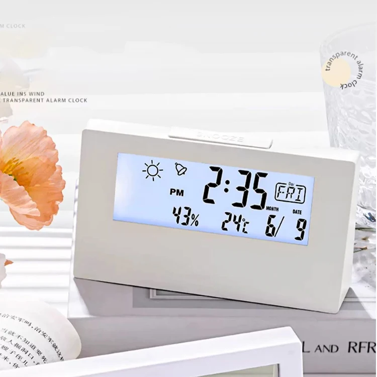 Model Style Indoor Use Hot Sale Model Stay in Place Small Electronic Transparent Digital LCD Alarm Clock