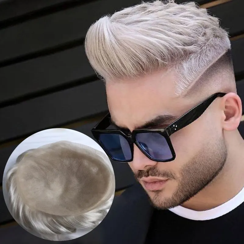 Handmade Men's Wigs Toupee European Hair Prosthesis Capillary  Ice Blond White Breathable Transparent Full Lace Base Toupee