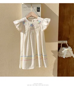 Rainbow Sailboat Design Embroidered Girls Dress Summer Short Sleeve  Children's Linen Cotton Blended Girl Dress