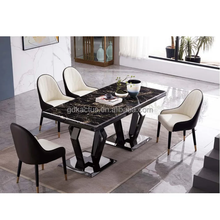 Black Color Stainless Steel And Marble Top Dining Table Set Luxury High