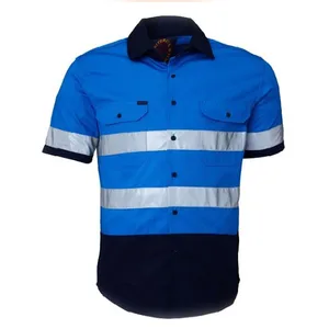 Short Sleeve Safety Work Shirt Reflective Workwear 100% Cotton Yellow Navy Safety Shirts With Hi Vis Tapes