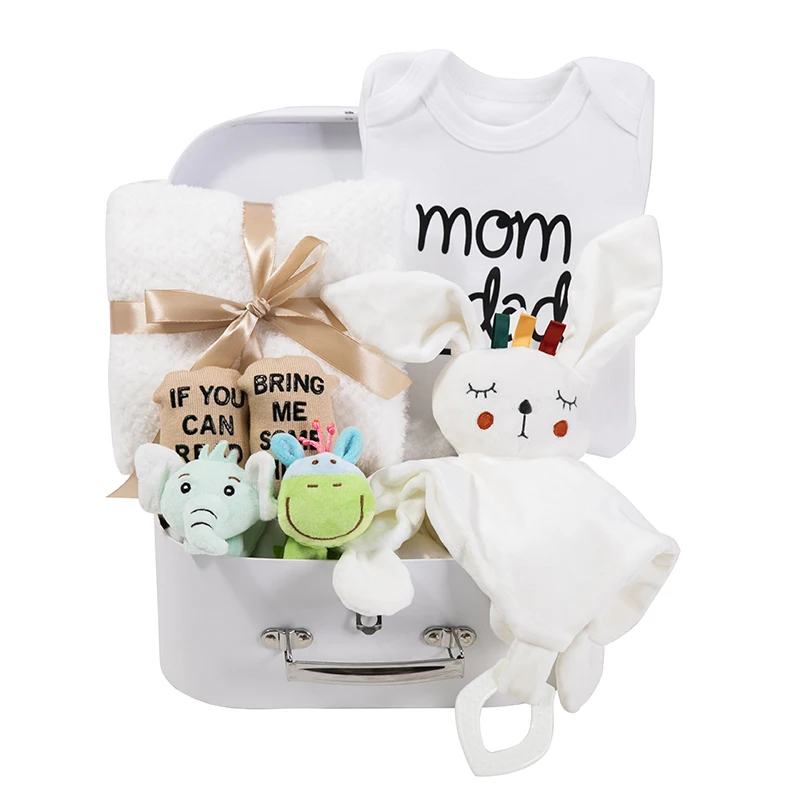 Baby Gift Set Organic Cotton Muslin Bunny Comforter Toy Wooden Milestone Card Matching Bib Newborn Shower Box Baby Essentials details