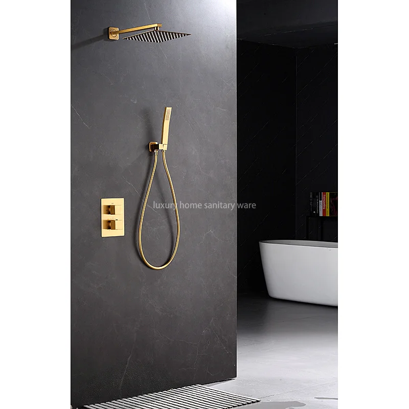 High Quality Brass Waterfall Thermostatic Shower Set Hotel Bathroom Concealed Brushed Gold Shower Faucet with Hand Shower