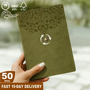 Novelty Gifts Low MOQ A5 PU Leather Hardcover Thread Sewing Customize Emboss Logo Rotating Metal Business Office Supplies