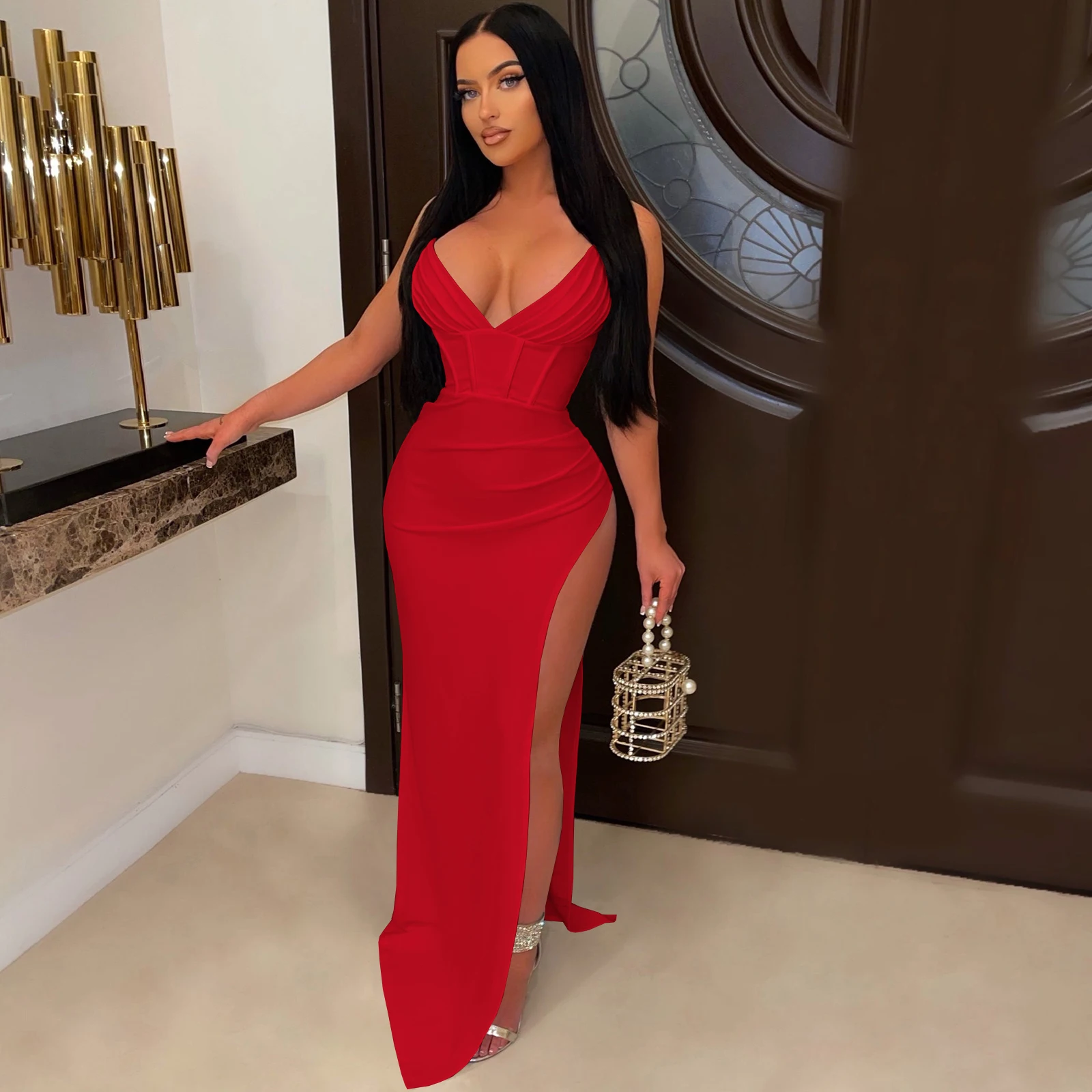 Новое поступление однотонное вечернее платье с V-образным вырезом и плиссированной талией длинное большим разрезом для