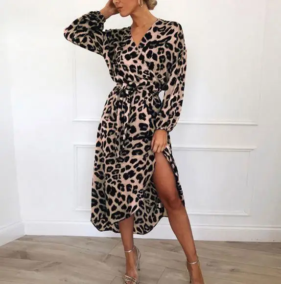 Оптовая продажа, лидер продаж, Повседневное платье с леопардовым принтом и V-образным вырезом, с завышенной талией, женская одежда
