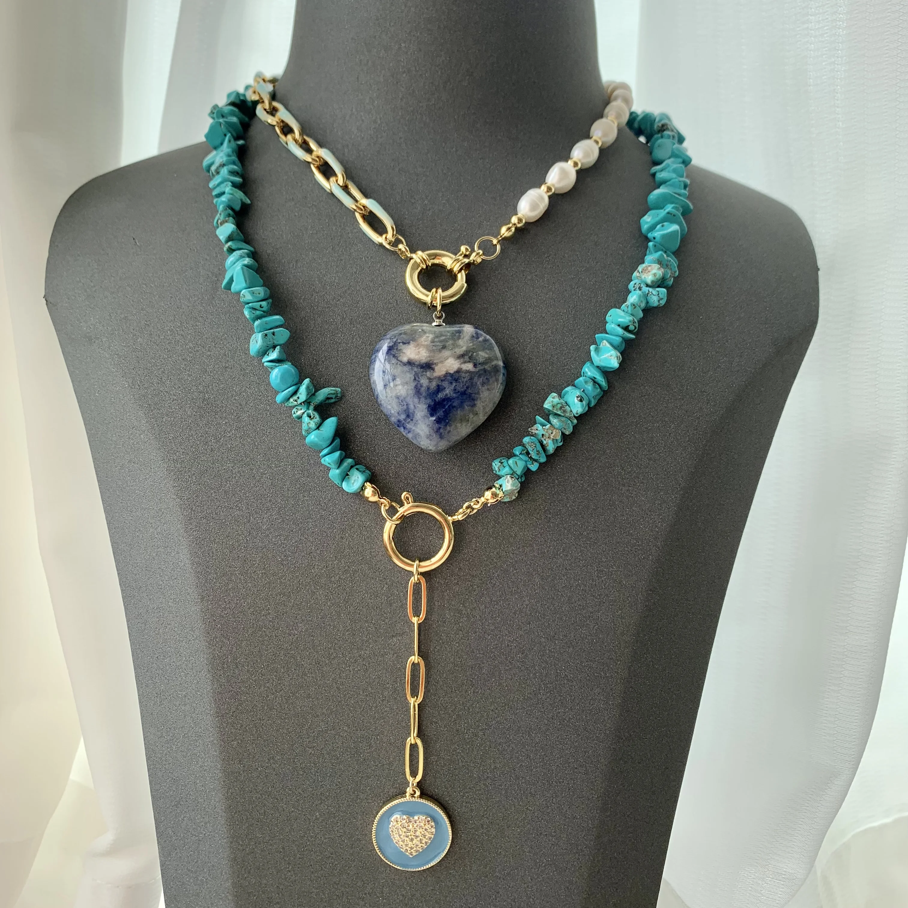 LS-B5274 Necklace - Trendy Turquoise Beads & Gold Plating