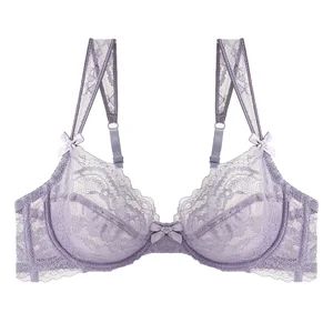 Ultra-Thin Transparent Women's Bra Thongs Set Underwire 3/4 Cup Floral Pattern Adjustable Straps Sexy Breathable Factory