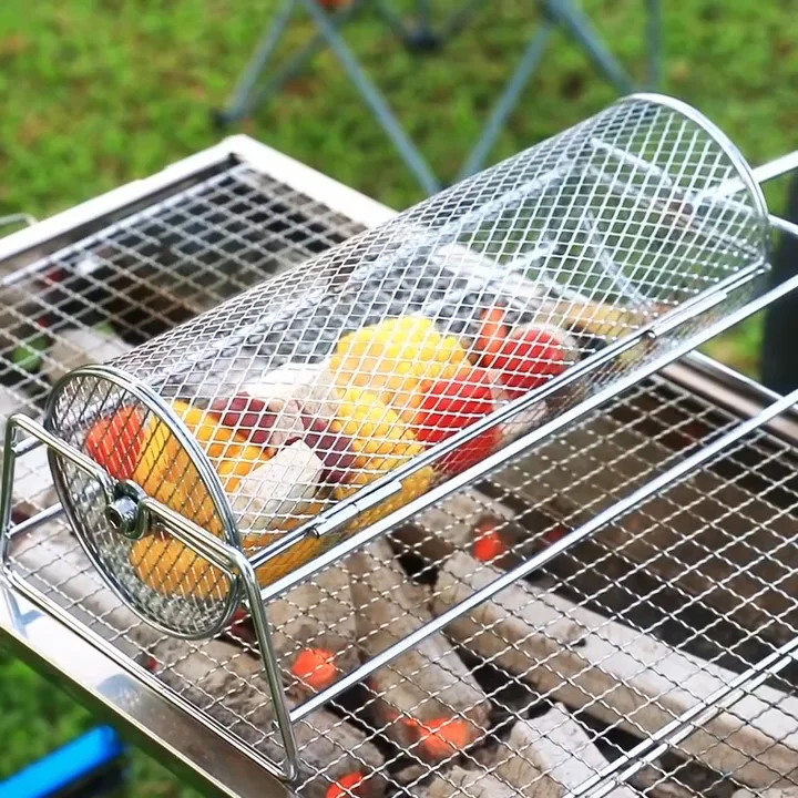 Stainless Steel Rolling Bbq Grill Mesh Basket Grill Rotisserie Basket