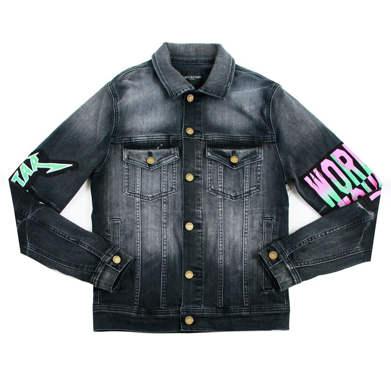 DiZNEW top sell grey denim jacket Print patches washed men hip hop street wear button up best material denim jacket