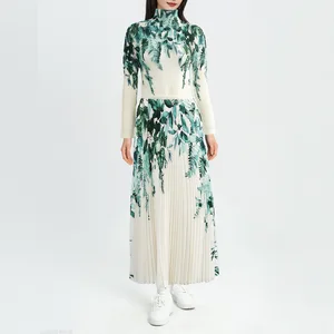 Women's Casual Style Summer Two-Piece Set Solid Pattern Pleated Long-Sleeved T-Shirt & Polyester Skirt Turtleneck Top Skirt