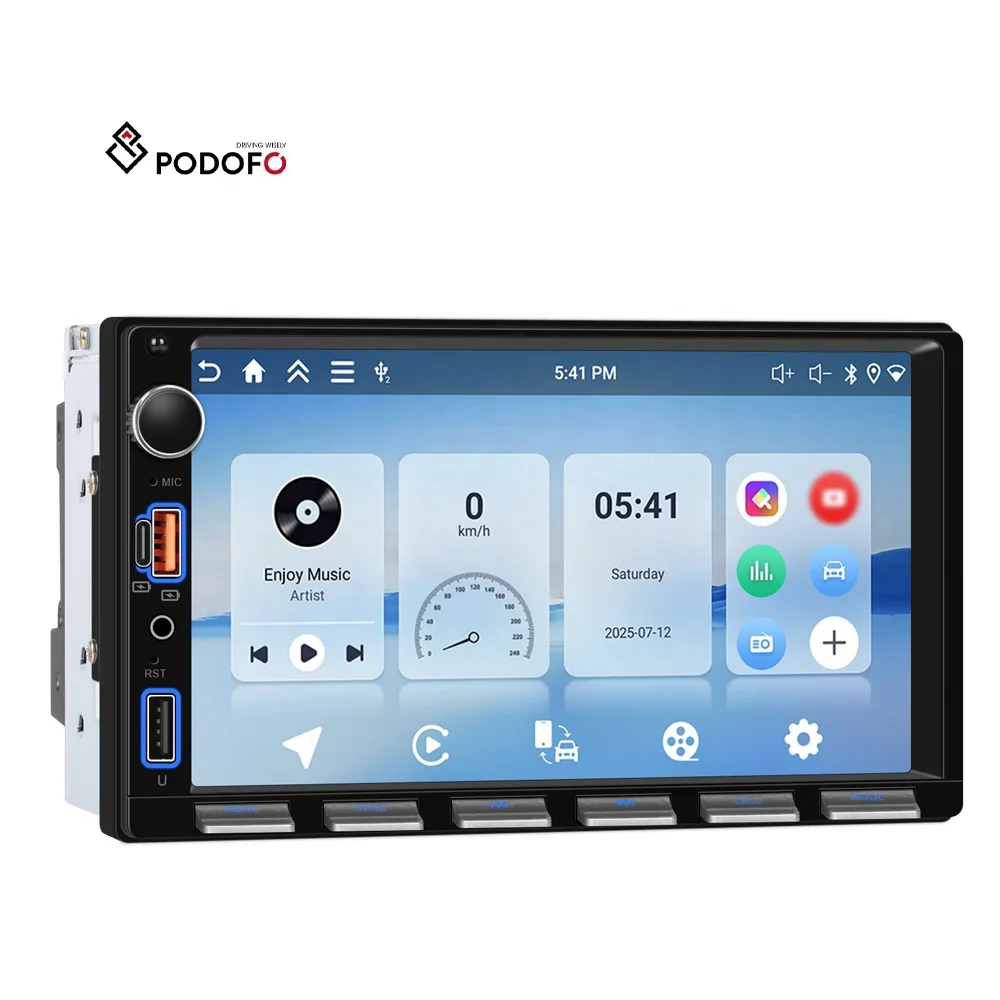 Podofo 7'' 4+64G Car Radio Double Din Wireless Carplay/ Android Auto Wifi GPS & USB BT Radio Piano Key Fast Charging Car Stereo A4533