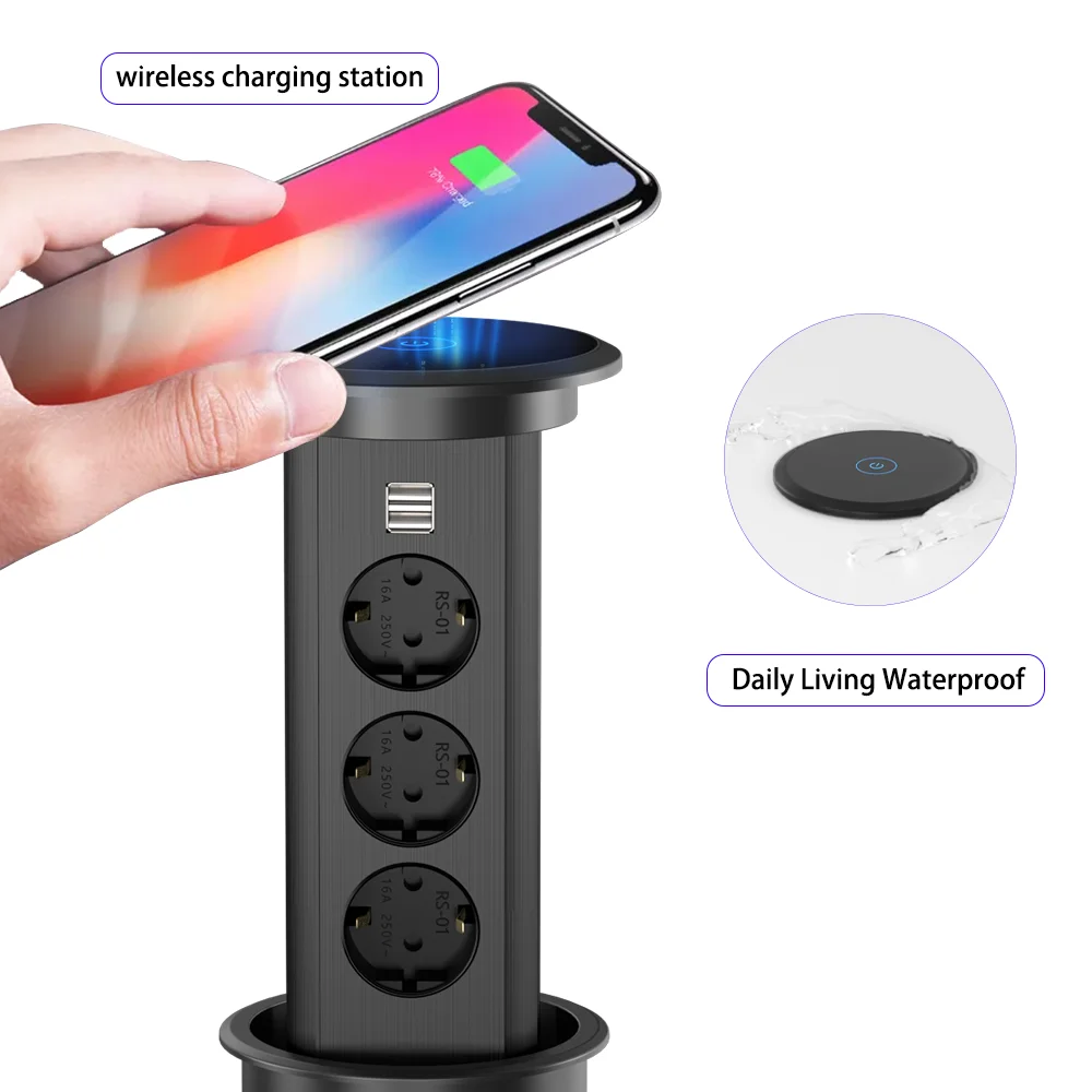 Pop up Table Socket Kitchen Worktop Vertical Hidden Power Extension USB Charger Motorized Socket