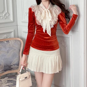 ZYHT 91437 Women White Lace Splice and Bow Long Sleeve Bodycon V Neck Patchwork Velvet Spring Top Blouses