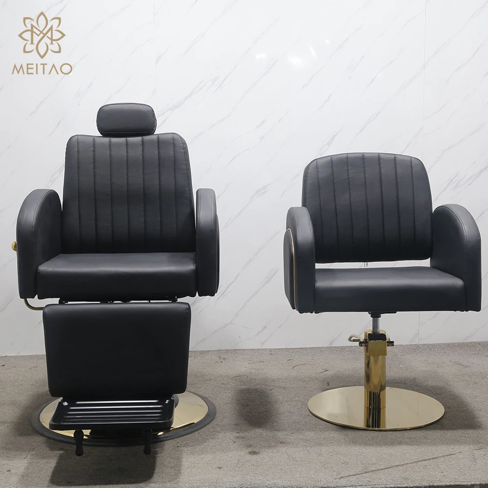 Hair Salon Black Gold Reclining Hydraulic Adjustable Lift Beauty Salon Equipment Barber Chair Styling Chair for Salon