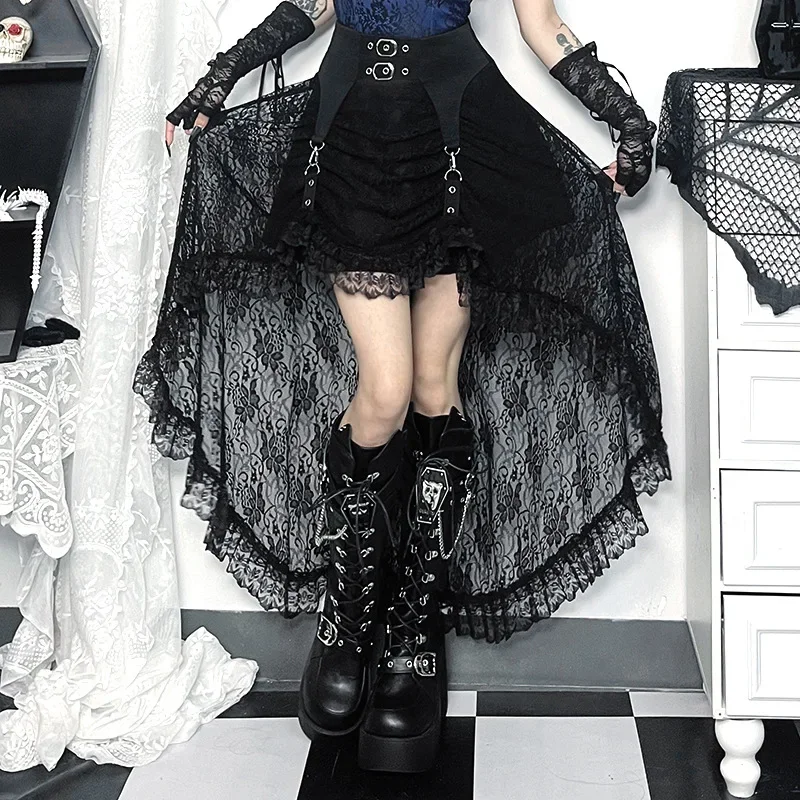 Goth Dark Irregular Hem Lace Patchwork Skirts Fairy Grunge Metal
