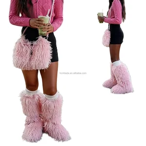 BUSY GIRL RS9252 Mongolian Fur Boots Pink Custom Boots Manufacturers Non-slip Fur Boots Womens Size 10 Fur Boots and Bag Set
