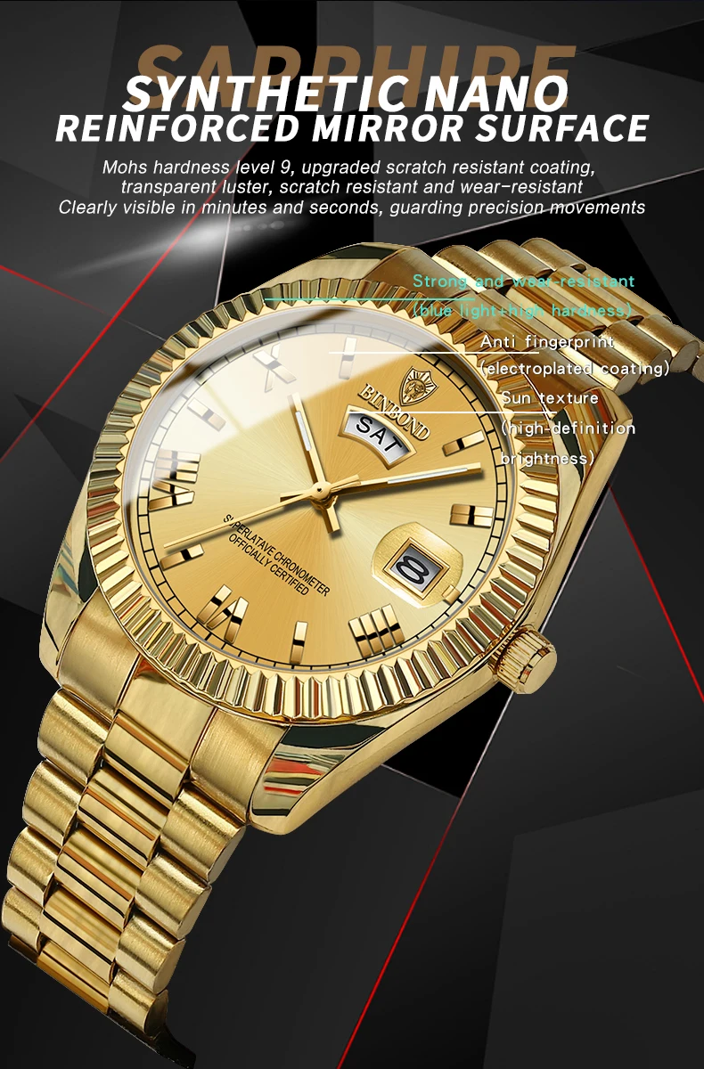 BINBOND 7012 B0733 0733 Men's Quartz Watch Waterproof Luxury Date Waterproof Luminous Fashion Stainless Steel Wristwatch for Man