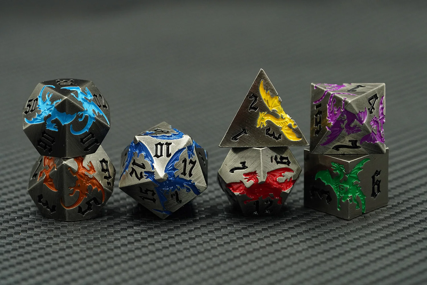 Colorful Rainbow Dragon 7pcs Zinc Alloy Polyhedral Metal Dice Set 16mm Square Shape with Custom Logo for DND Board Games details