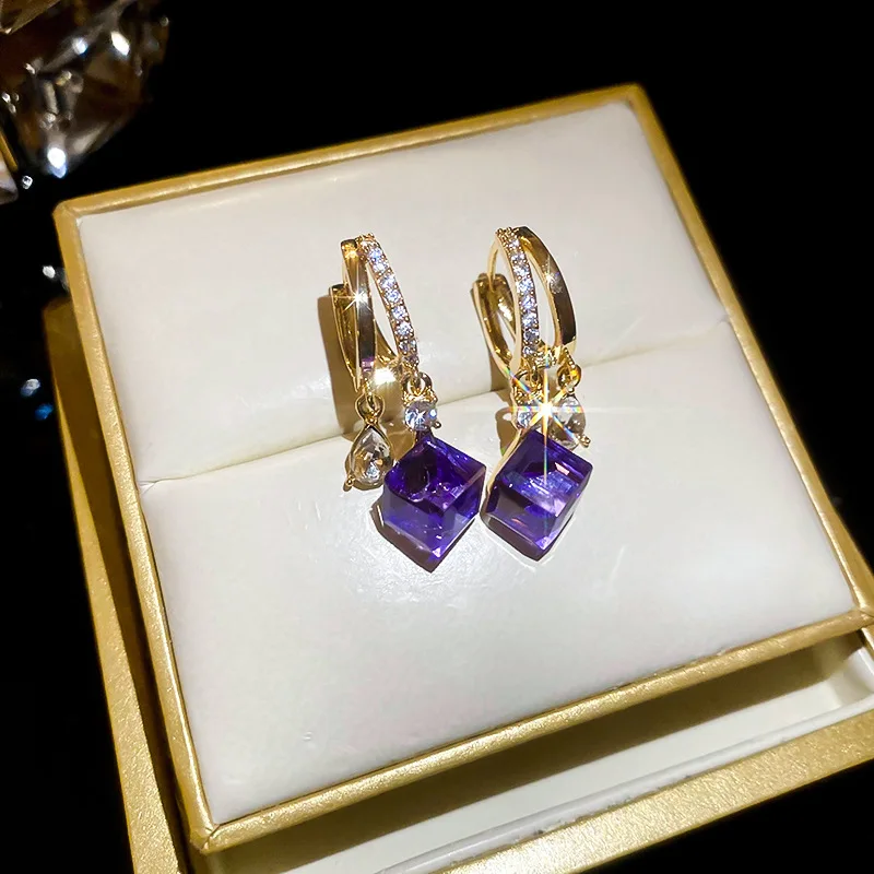 Double Layer Water Droplet Purple Diamond Genuine Gold Electroplating Fashion Elegant Luxury Wholesale Stud Earrings for Women